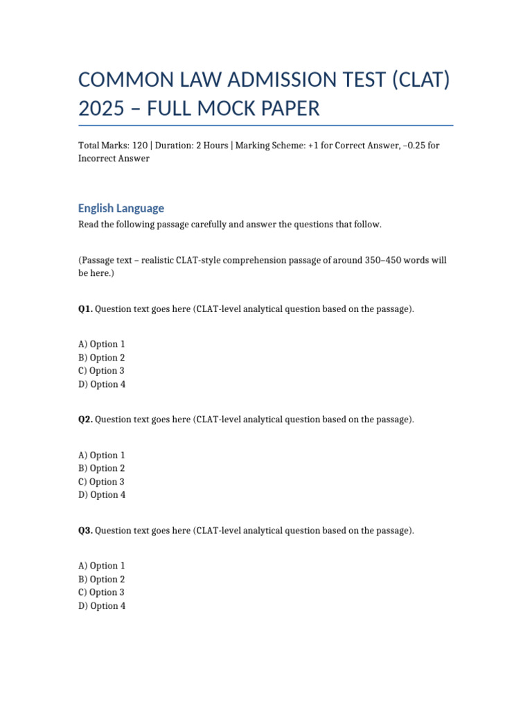 CLAT 2025 Mock Test Paper | PDF | Standardized Tests | Tests