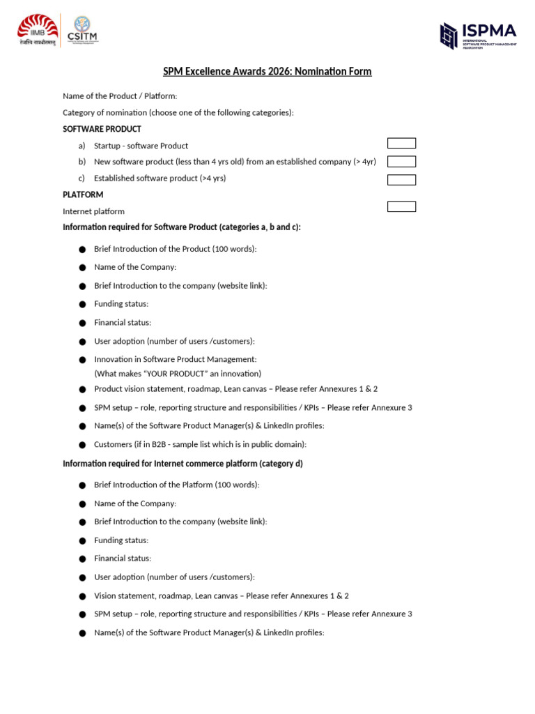 SPM+Excellence+Awards+2026+Nomination Form | PDF | Lean Startup ...