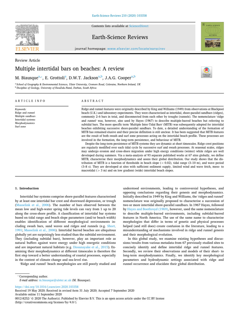 Multiple Intertidal Bars On Beaches A Review 2020 Earth Science Reviews ...