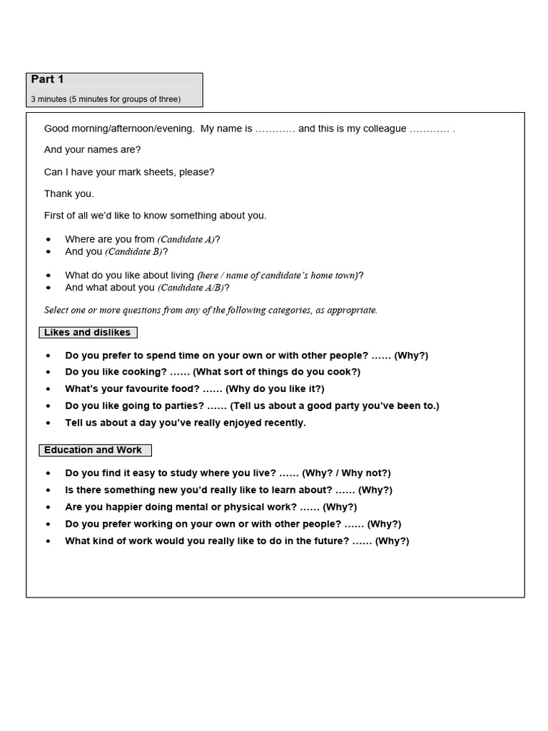 FCE Speaking Part 1 Teacher Handbook 08 | PDF