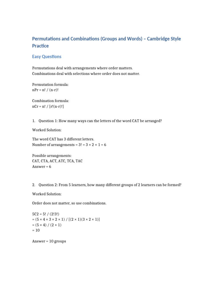 Permutations and Combinations Cambridge Practice | PDF