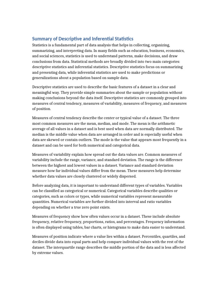 Descriptive and Inferential Statistics Summary General | PDF ...