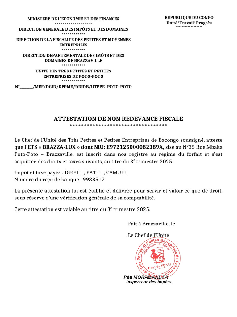4 - Attestation de Non Redevance Fiscale | PDF