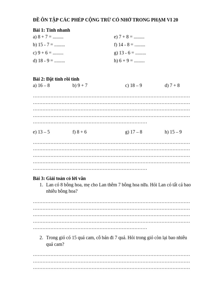 De On Tap Phep Cong Tru Co Nho Lop2 | PDF