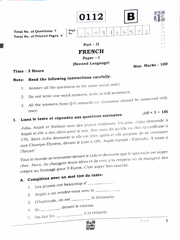 French 1st Yr Paper | PDF