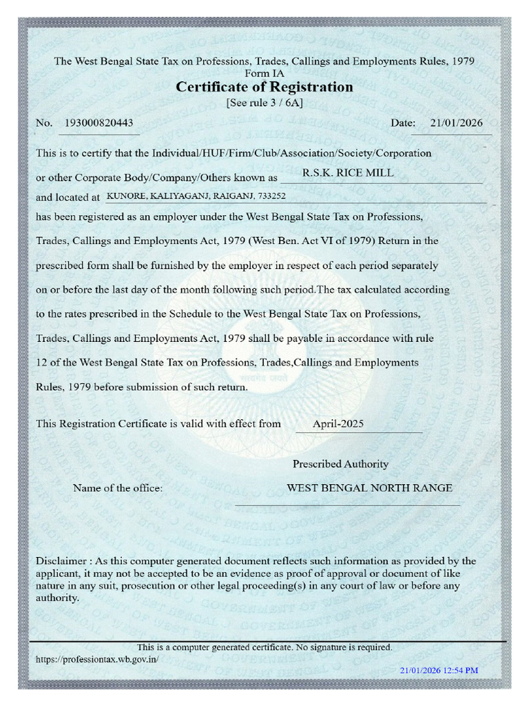 P Tax Registration Certificate | PDF