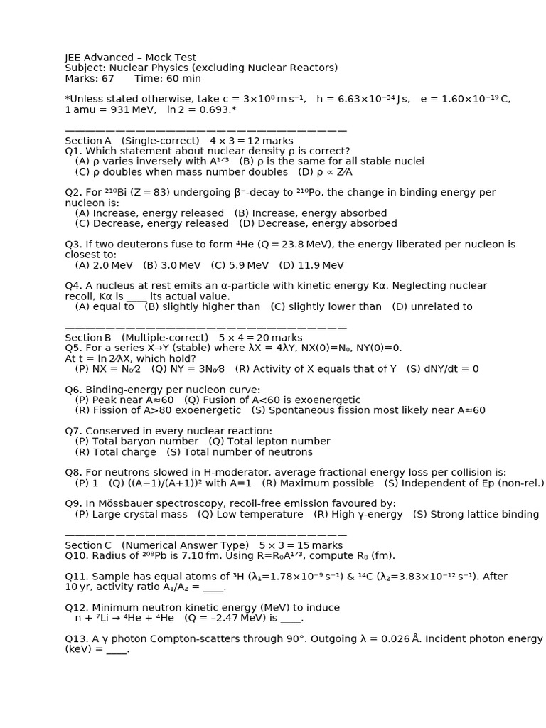 Nuclear Physics Mock Test | PDF | Neutron | Atomic Nucleus