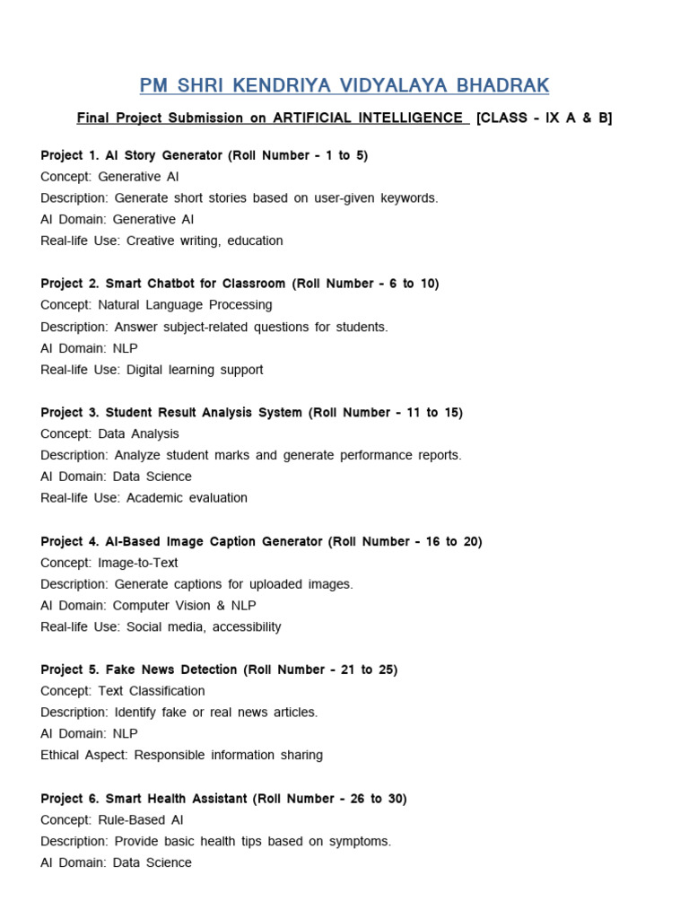 Class 9 AI Project List | PDF | Artificial Intelligence | Intelligence ...