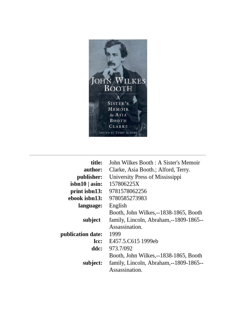 John Wilkes Booth A Sisters Memoir (Asia Booth Clarke) (Z-Library) | PDF