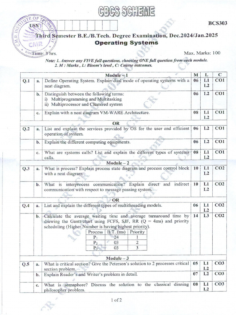 VTU Question Paper of BCS303 Operating Systems Dec-2024 - Jan-2025 | PDF