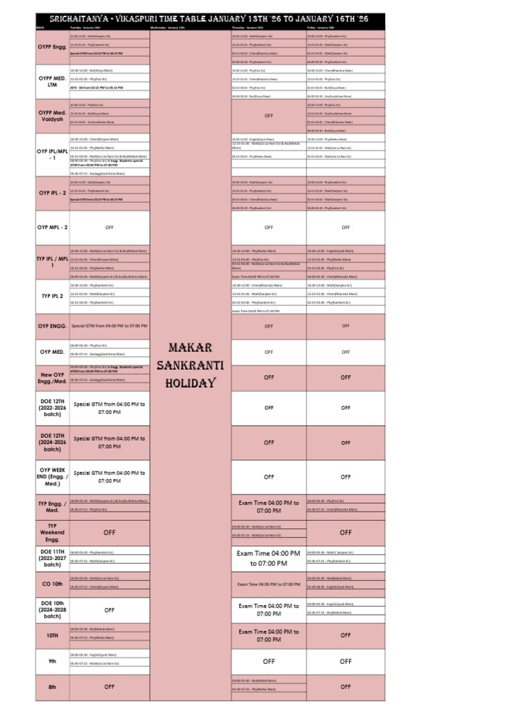 Time Table - January 13th, 2026 To January 16th, 2026 | PDF