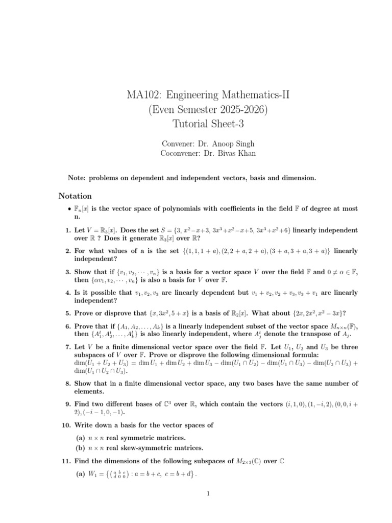 Tutorial-3 MA 102 Even Sem 2025 26 | PDF | Linear Subspace | Vector Space