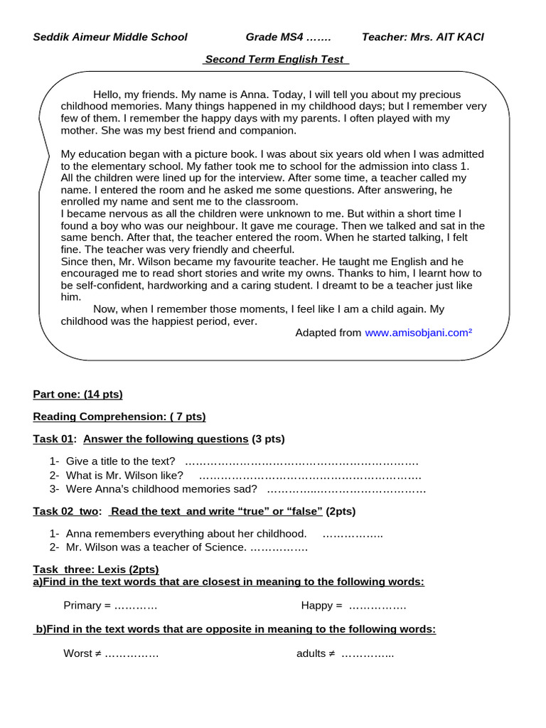 MS4 Test 01 Second Term .Childhood 2024 | PDF