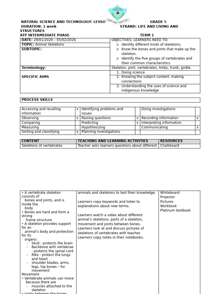 Grade 5 Lesson Plan Week 3 - 4 | PDF | Skeleton | Learning