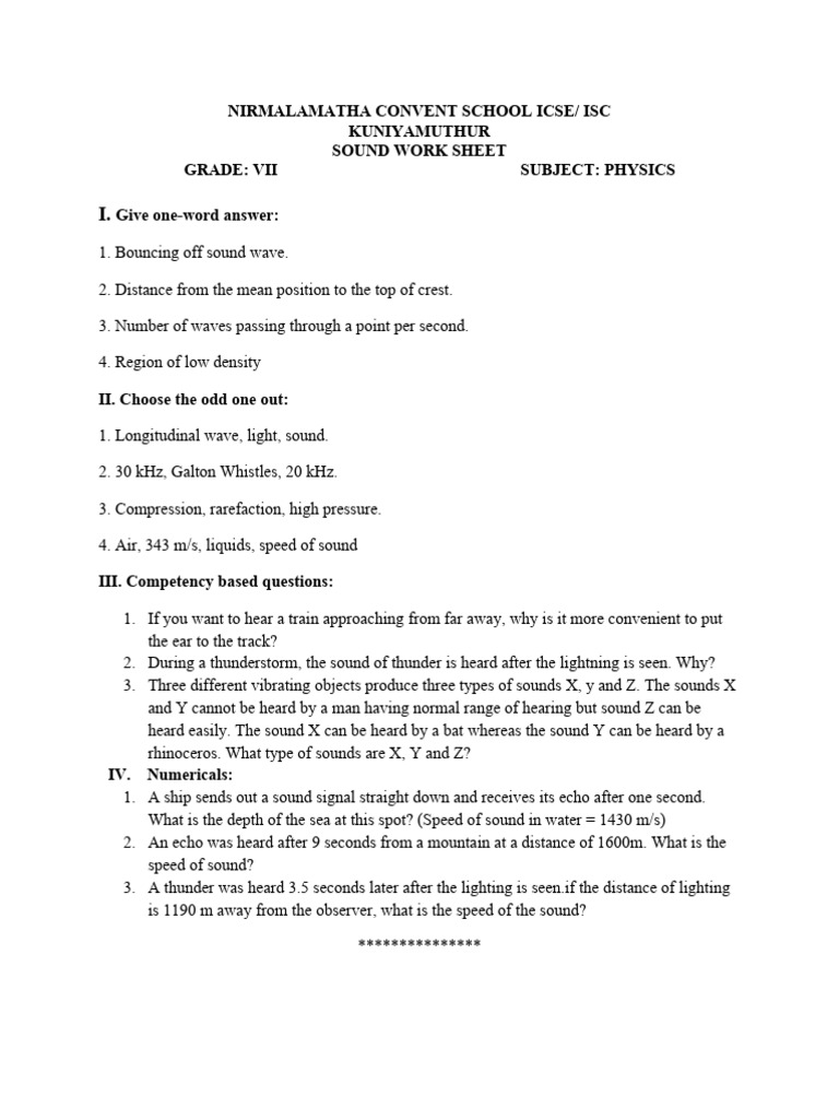 Grade 7 Sound Work Sheet | PDF