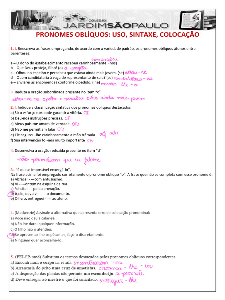 Pronome Obliquo SINTAXE E COLOCACAO PDF Exercicios 2em 4bim | PDF