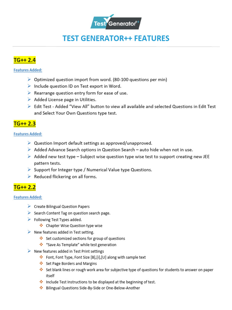 TGplus Versionwise Features List | PDF | Computing | Multiple Choice