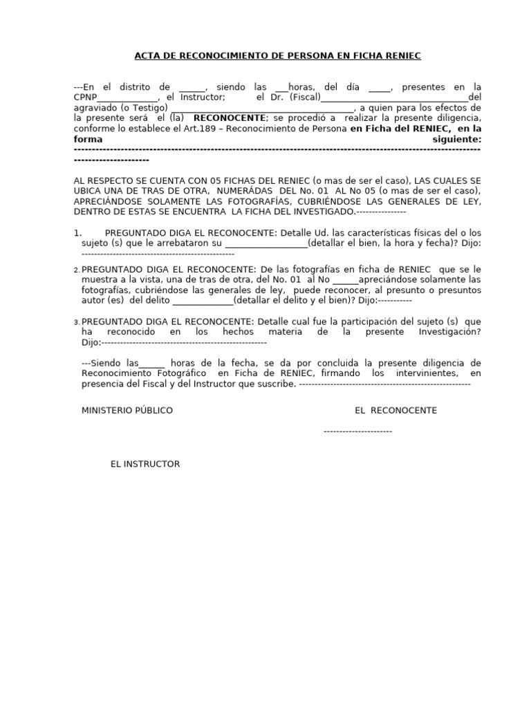 Acta de Reconocimiento de Persona en Ficha Reniec | PDF
