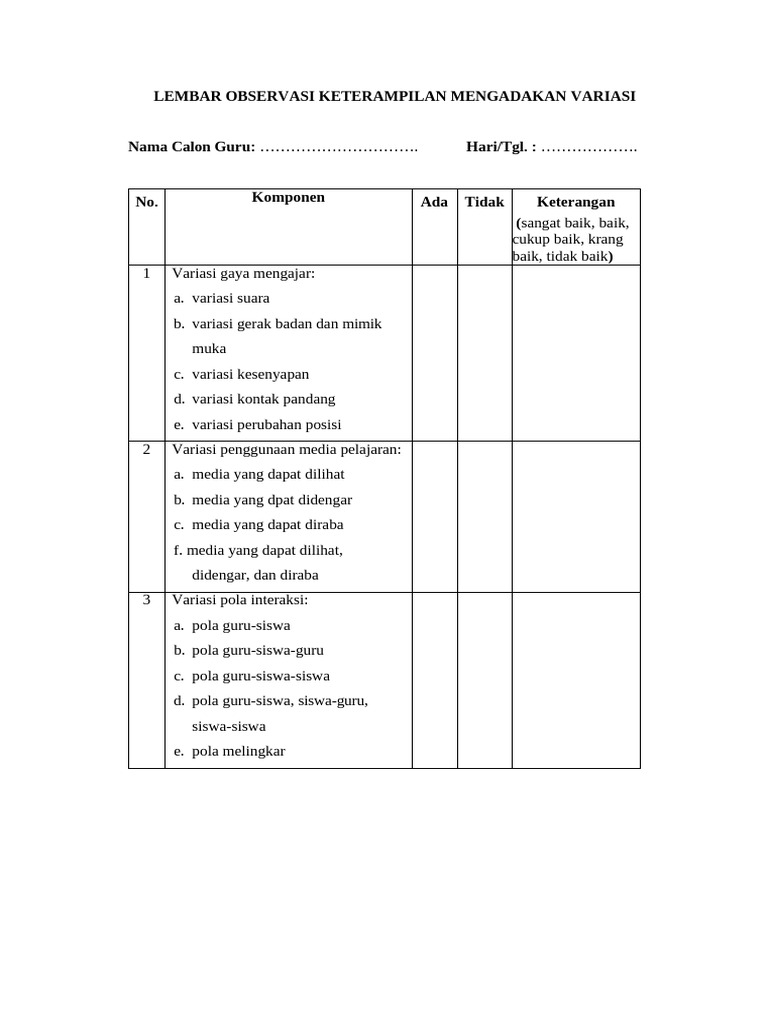 Lembar Observasi Keterampilan Mengadakan Variasi | PDF