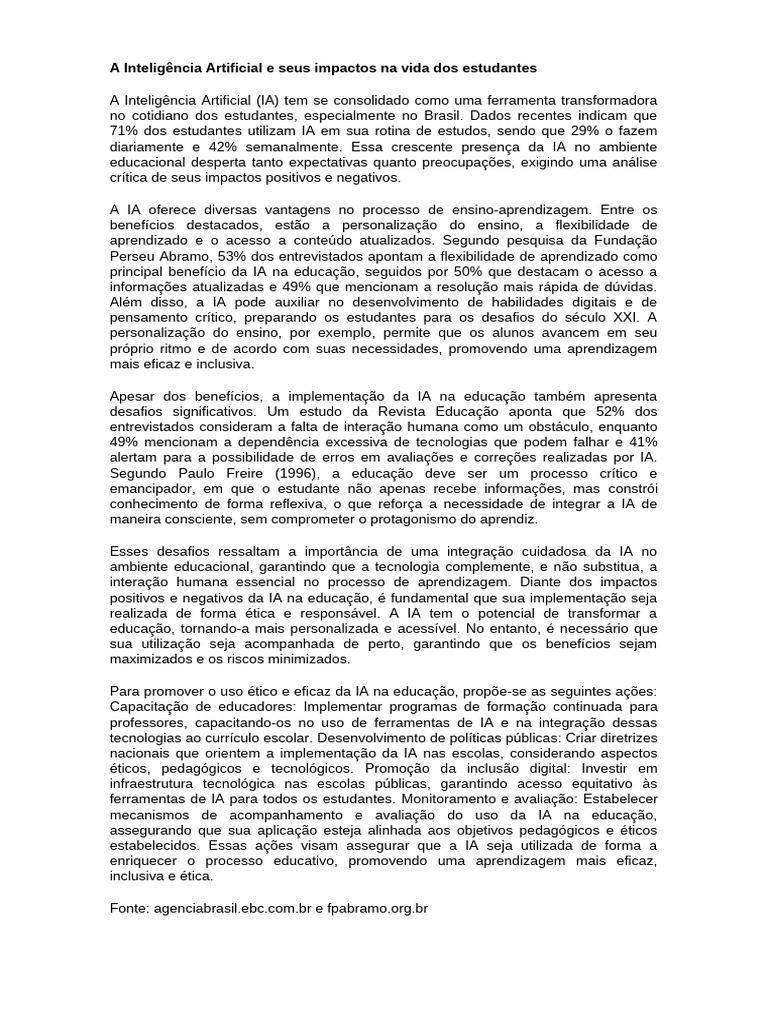 A Inteligência Artificial e Seus Impactos Na Vida Dos Estudantes | PDF ...
