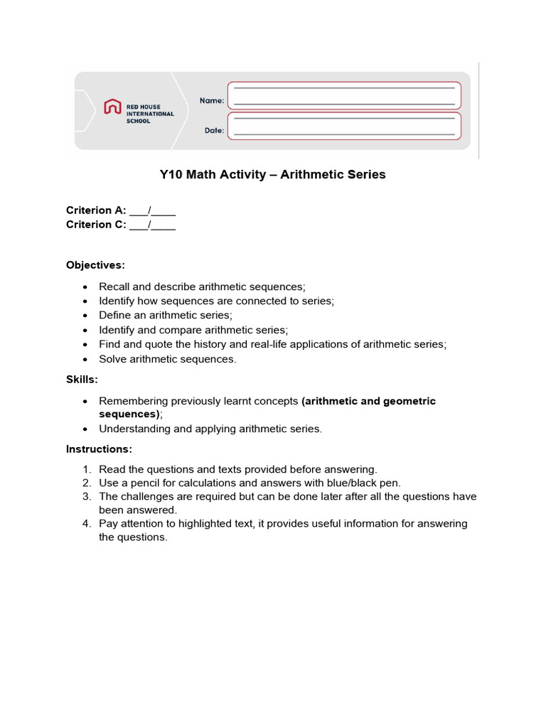Y10 ArithmeticSeriesAdaptedWorksheet | PDF | Arithmetic | Summation