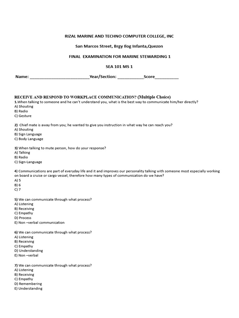 MS 1 Final Term Exam 2025.Docx | PDF | Nonverbal Communication ...