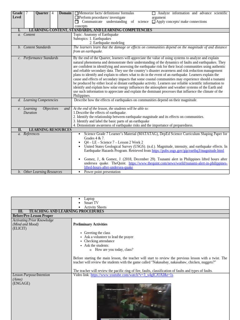 Marj - Matatag Lesson Plan Format L2 W2 | PDF | Earthquakes | Moment ...