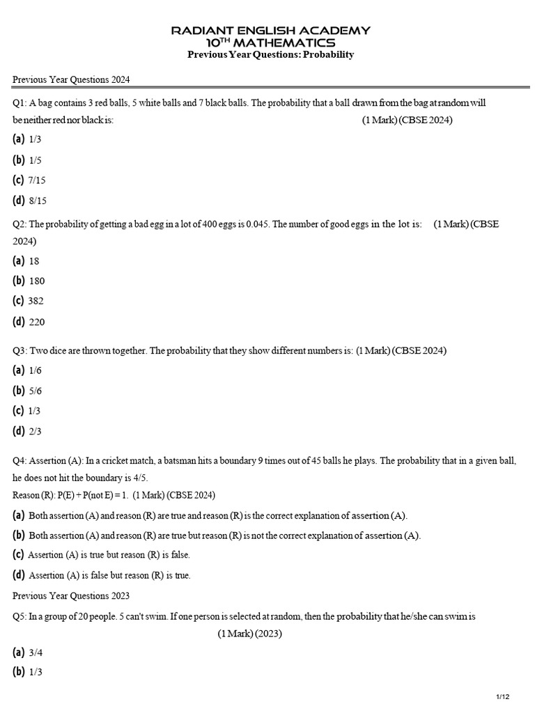 Class 10 Maths Chapter 14 Previous Year Questions - Probability | PDF ...