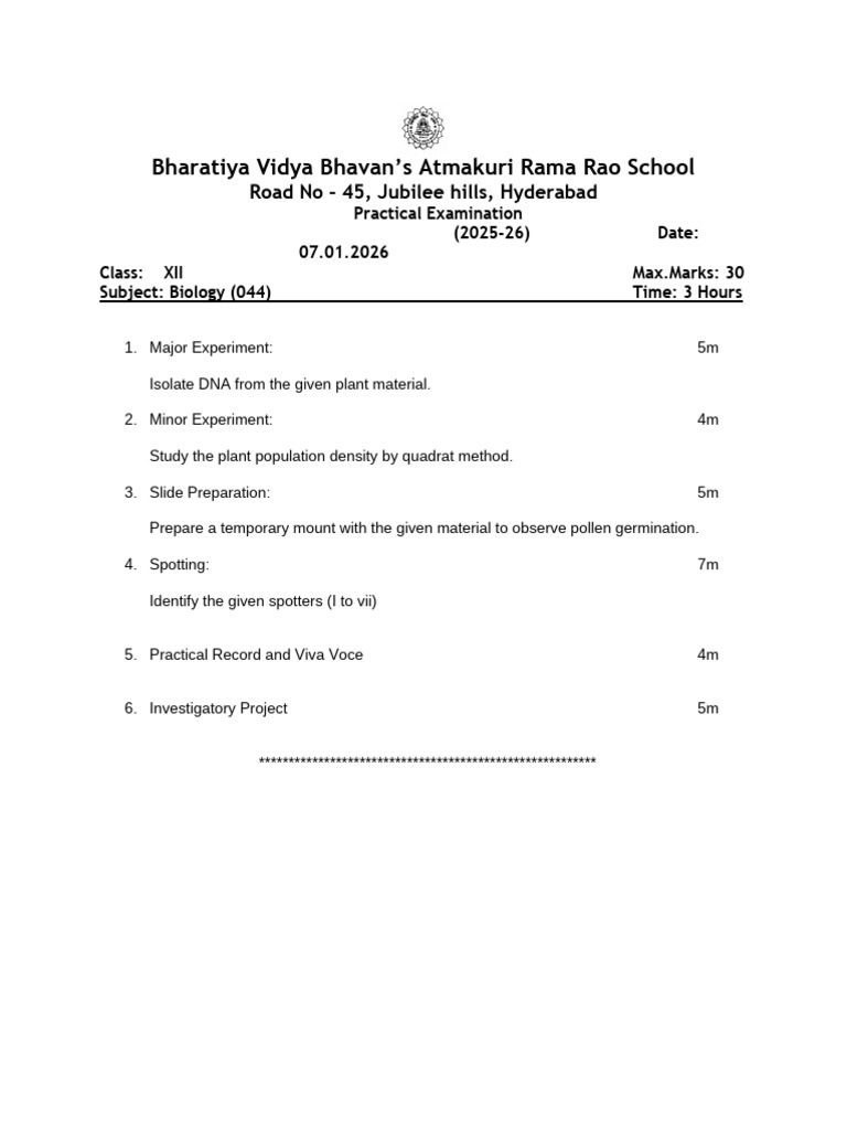 Print XII Biology Practical Exam 25-26 | PDF