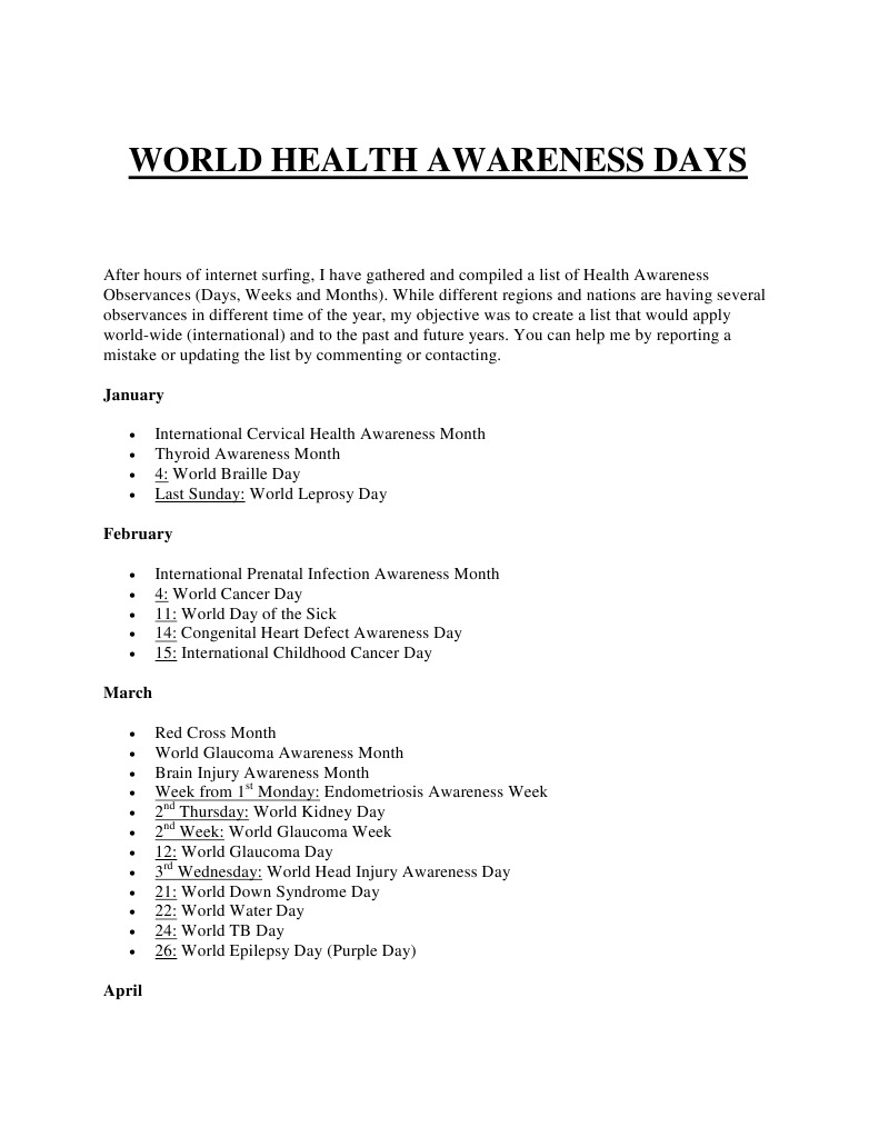 Global Health Awareness Days List | PDF | Cancer | Hypertension