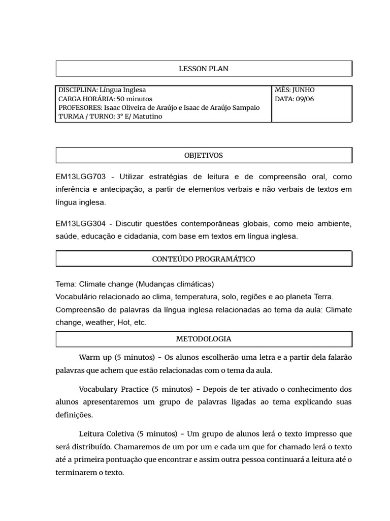 Climate Change Lesson Plan | PDF | Lição | Aquecimento global e mudança ...