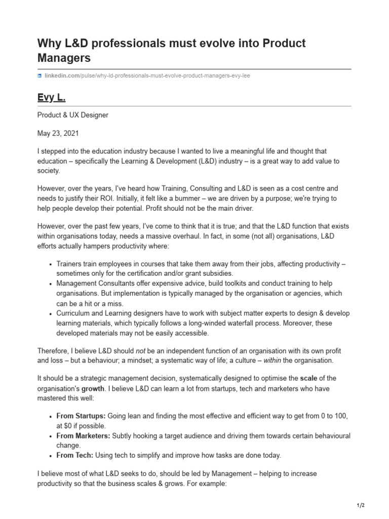 Why LD Professionals Must Evolve Into Product Managers | PDF | Startup ...