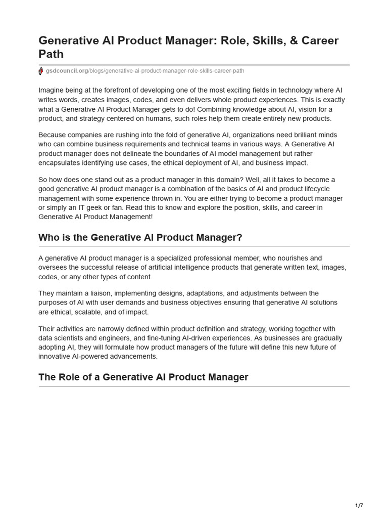 Generative AI Product Manager Role Skills Career Path | PDF ...