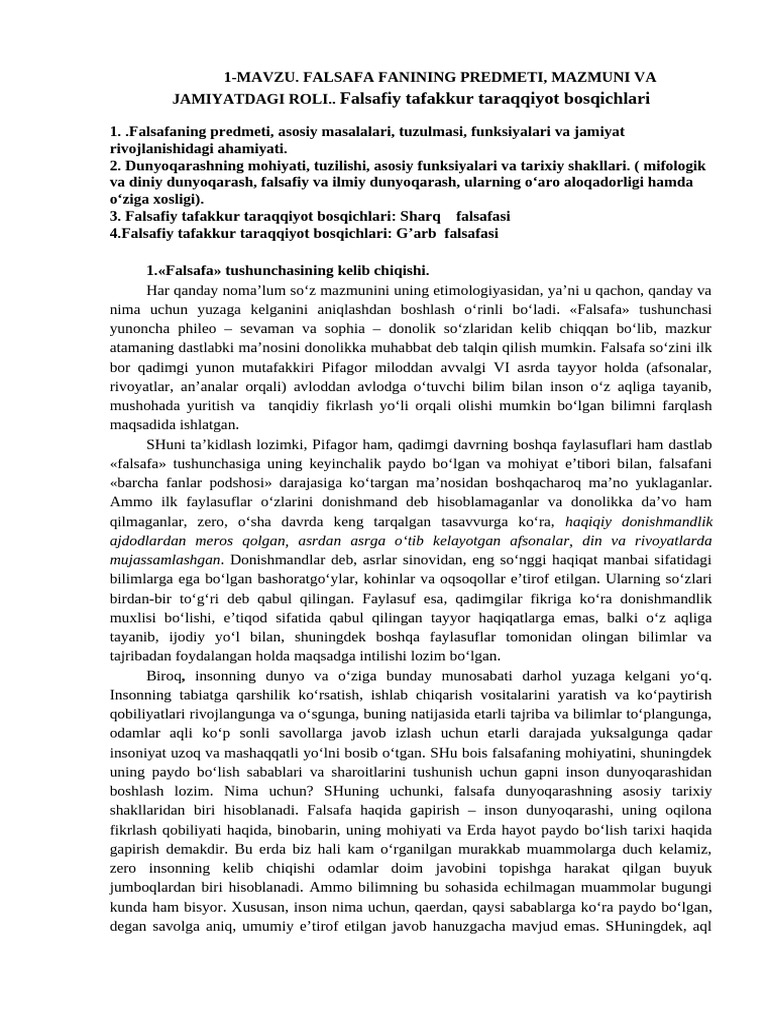 1 Mavzu Falsafa Fanining Predmeti Qadimgi Sharq g'Arb Sirtqi | PDF