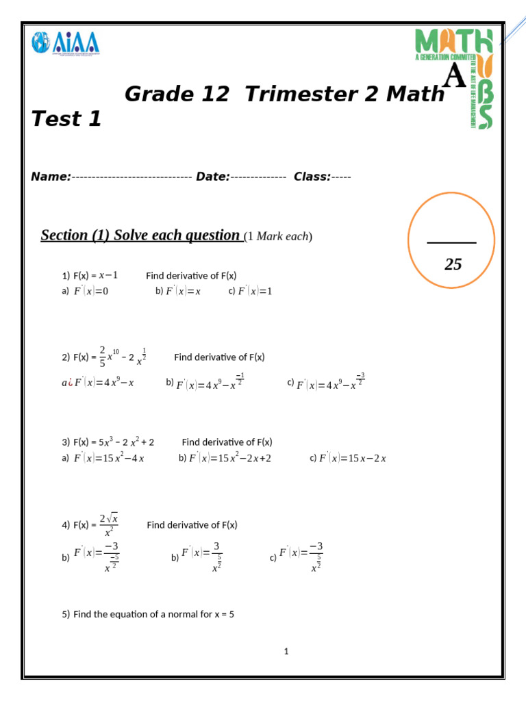 G12, Math, Test 2.1 2025-2026 | PDF | Tangent | Differential Calculus