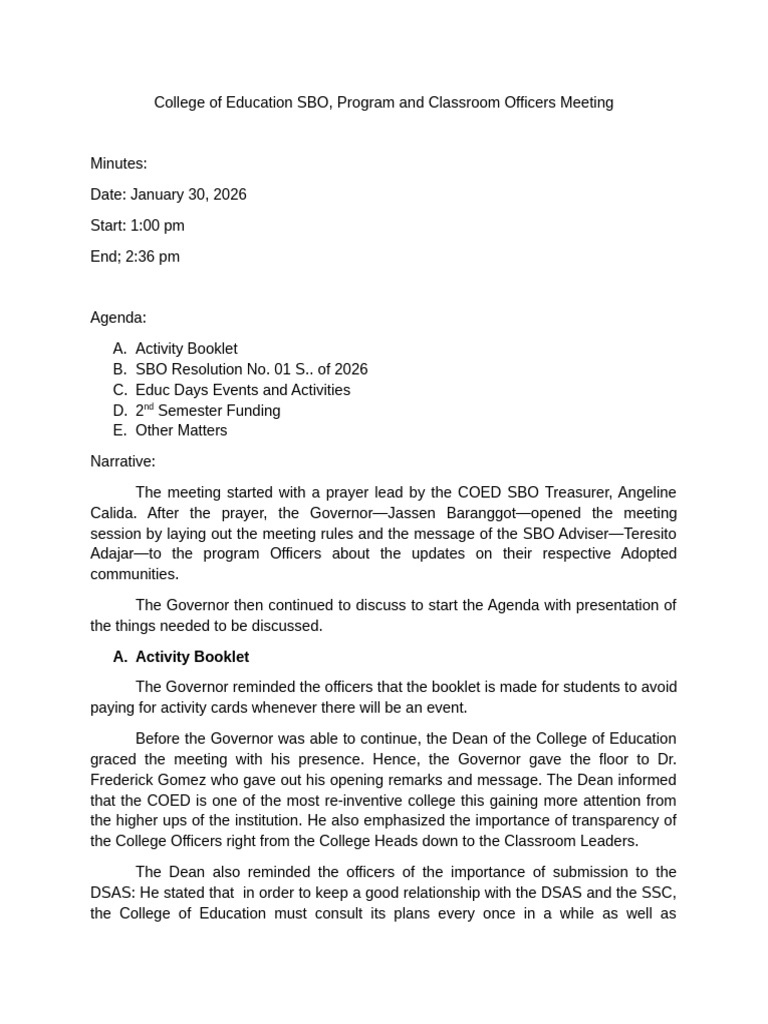 Minutes of The Meeting 01 30 2026 | PDF