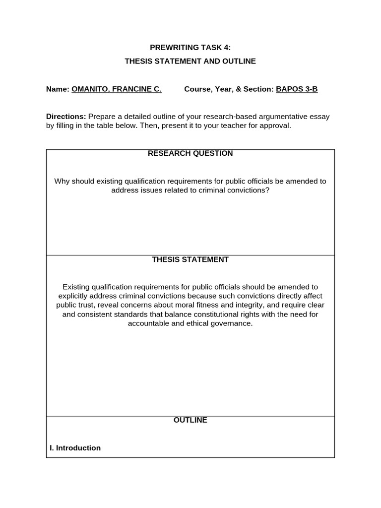 Thesis Statement and Outline Omanito Francine | PDF | Corruption | Pardon