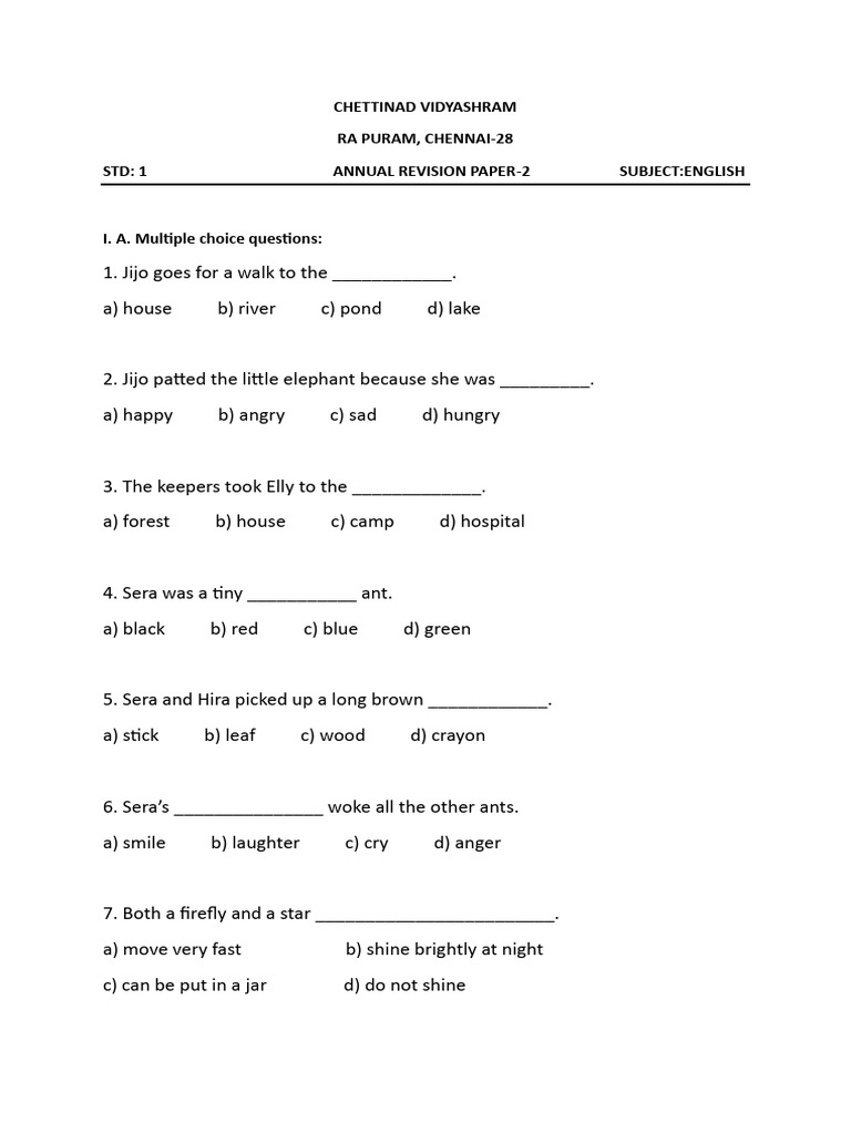 Std1 - English - Annual Revision 2 | PDF