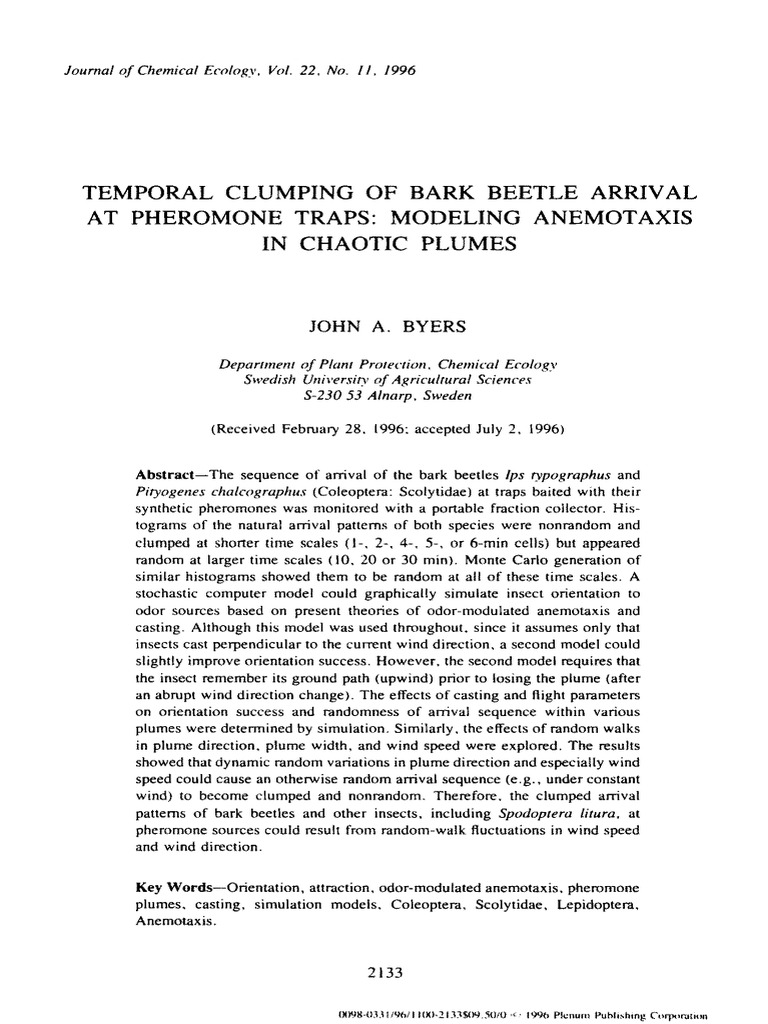 Byers 1996c temporal clumping of bark beetle arrival at pheromone traps ...
