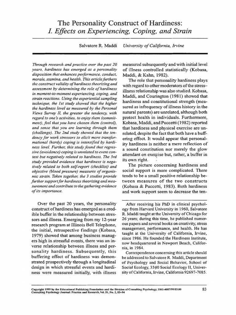 The Personality Construct of Hardiness Effects On Experiencing, Coping ...