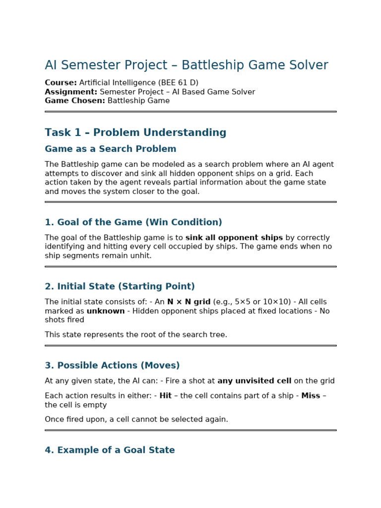 Ai Semester Project Report – Battleship Game (tasks 1–3) | PDF ...