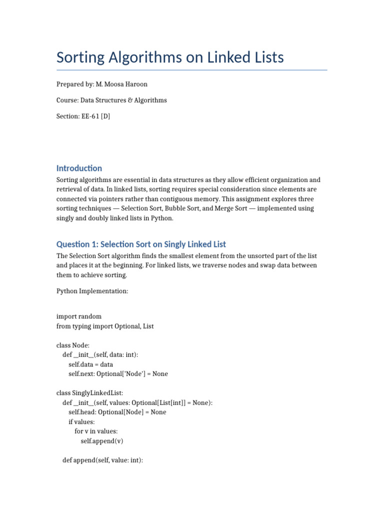Sorting Algorithms on Linked Lists Moosa Haroon | PDF | Computer Data ...