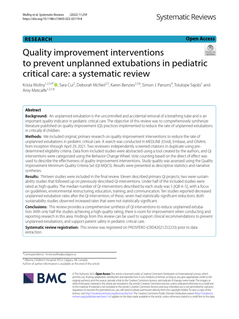 Quality Improvement Interventions in Paed Extubation | PDF | Systematic ...