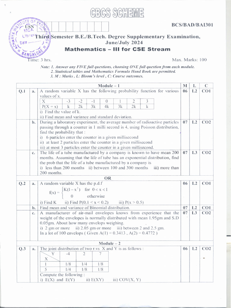 Mathematics II for CSE_JUN JULY 2024_Supplementary | PDF | Variance ...