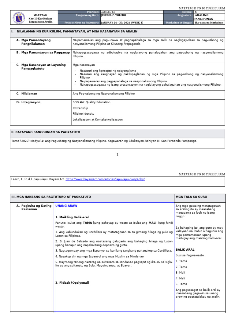 DTC - DLL Matatag - Ap 5 q4 w1 | PDF