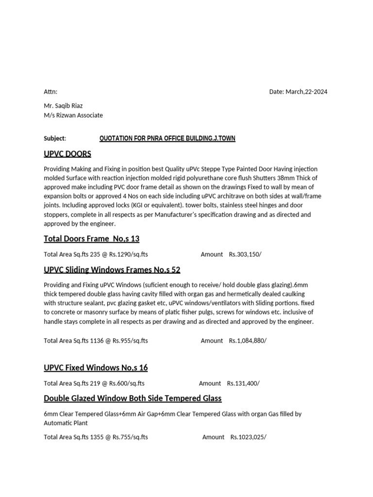 UPVC DOOR & Windows Quotation | PDF | Window | Polyvinyl Chloride