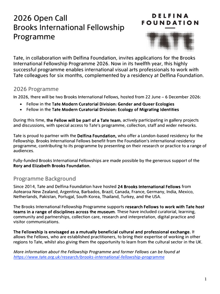 2026 Open Call Brooks International Fellowship Programme | PDF | Fellow ...
