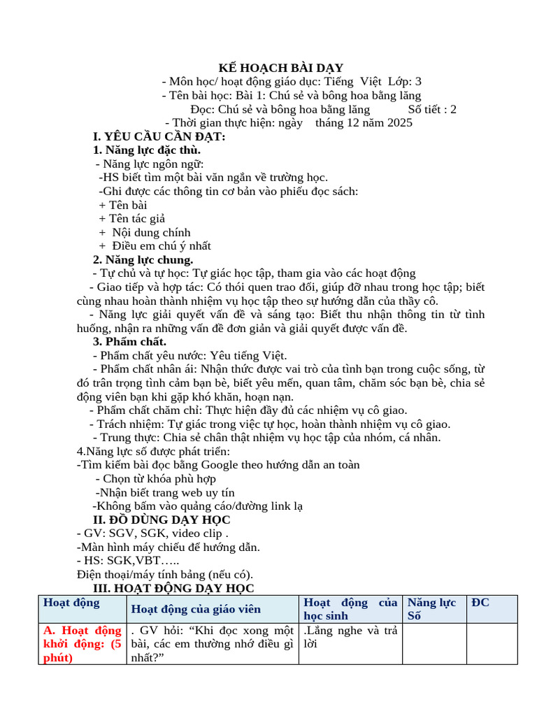 Kế Hoạch Bài Dạy Nls-tv (Đmr) | PDF