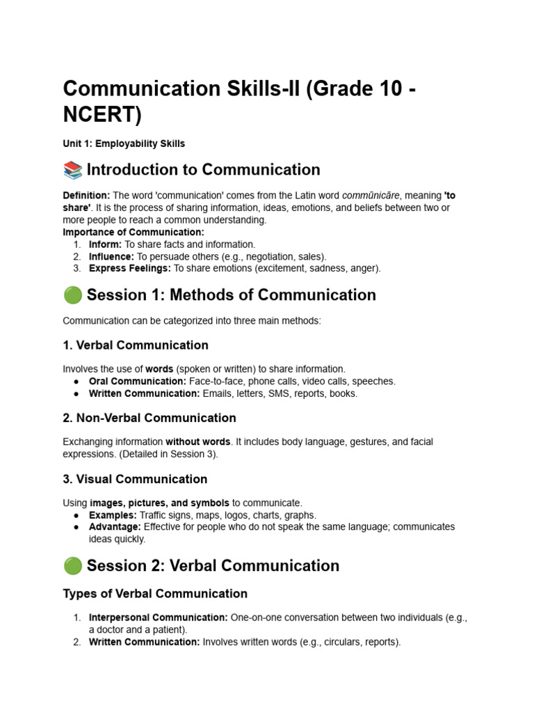 Communication Skills-II Notes | PDF | Communication | Nonverbal ...