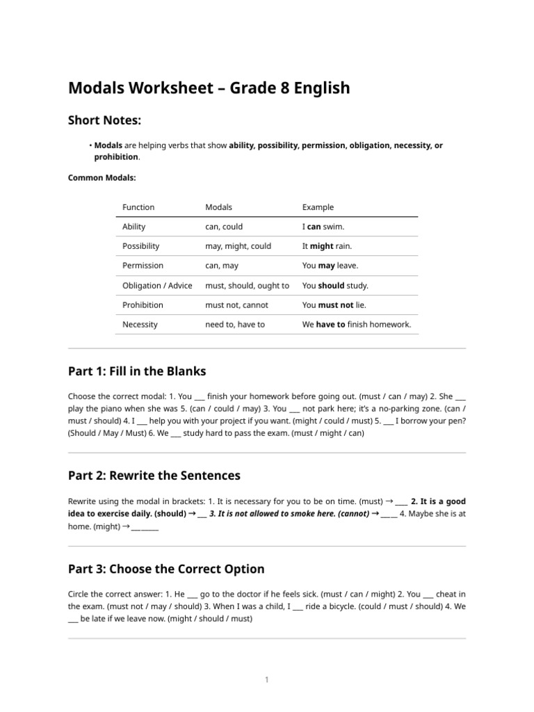 Modals Worksheet Grade8 | PDF | Syntax | Grammar